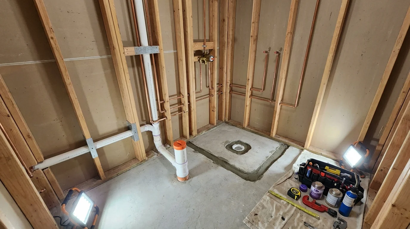 Bathroom rough-in plumbing during remodel by Johns Plumbing LLC in Herington