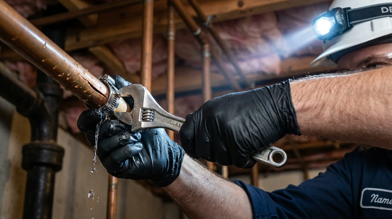 Emergency pipe clamp repair being performed by a Johns Plumbing LLC plumber in Herington