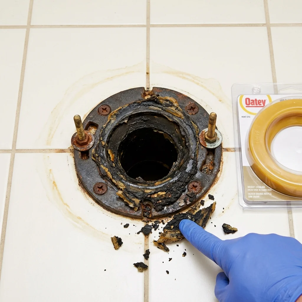 Failed wax ring showing water seepage at the base of a toilet in a Herington, KS home