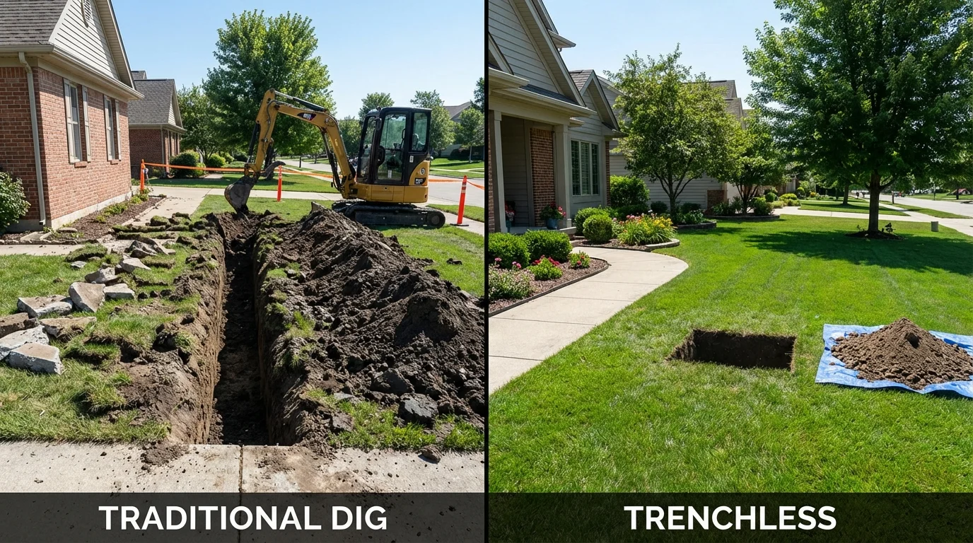 Trenchless sewer repair with minimal yard damage versus traditional excavation in Herington, KS