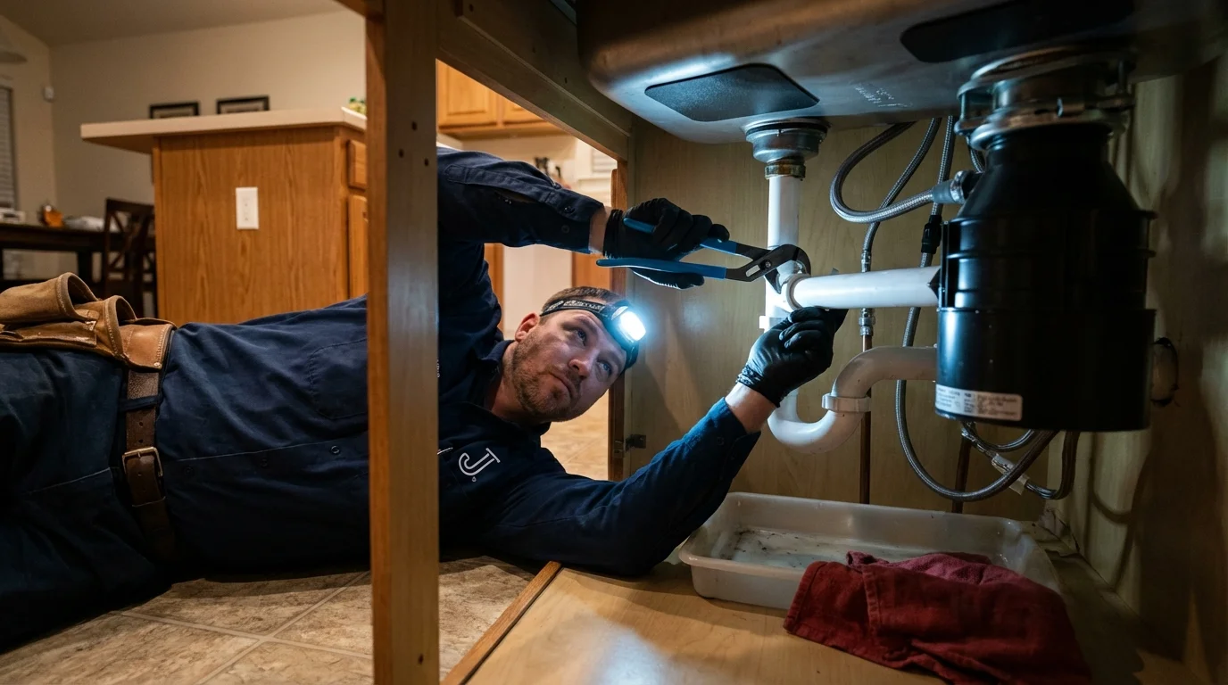 P-trap and supply line connections under a kitchen sink showing a common leak point in Herington, KS